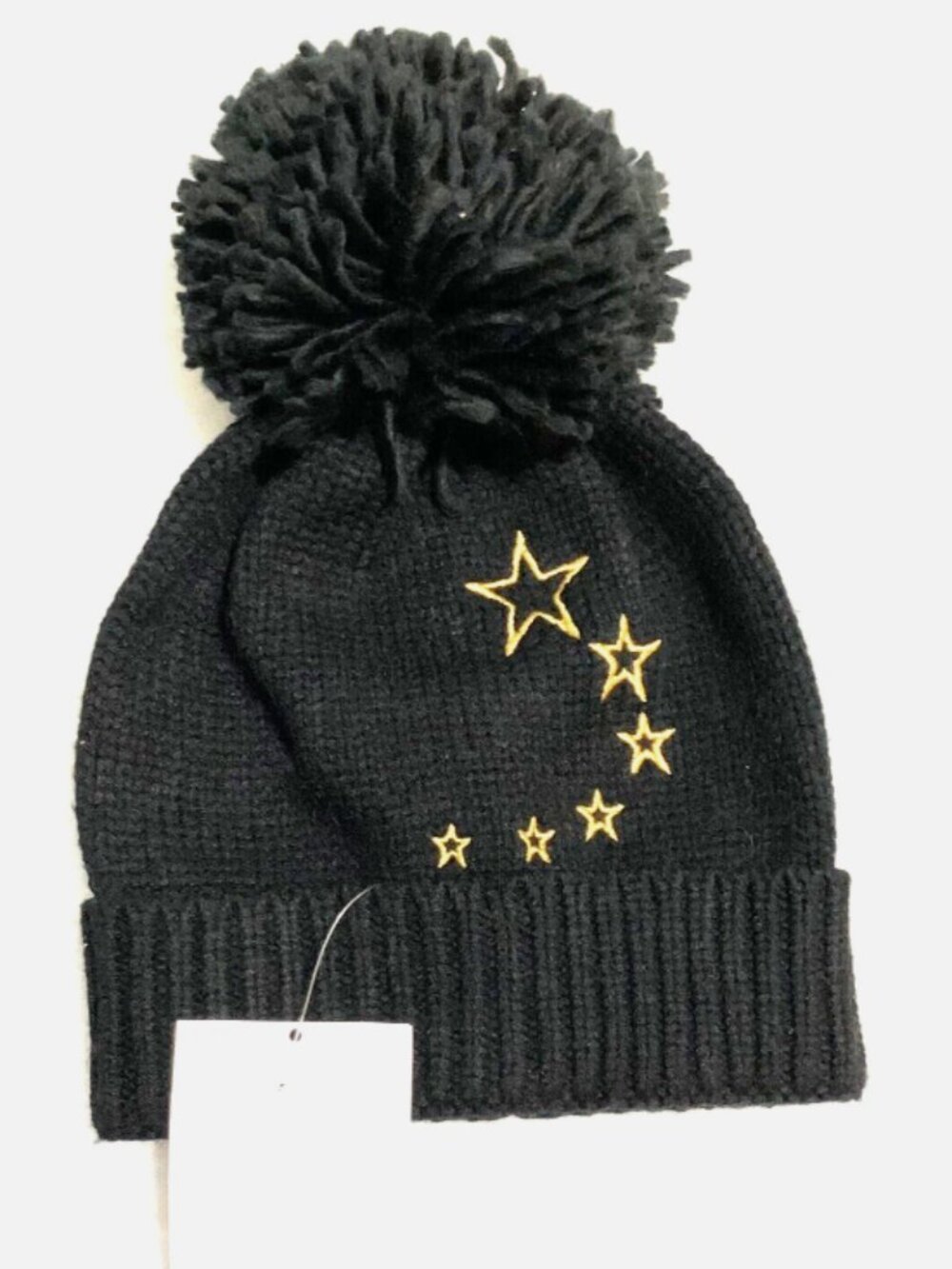 Jenni Women's Star Embroidered Pom Pom Beanie Hat - Black One Size